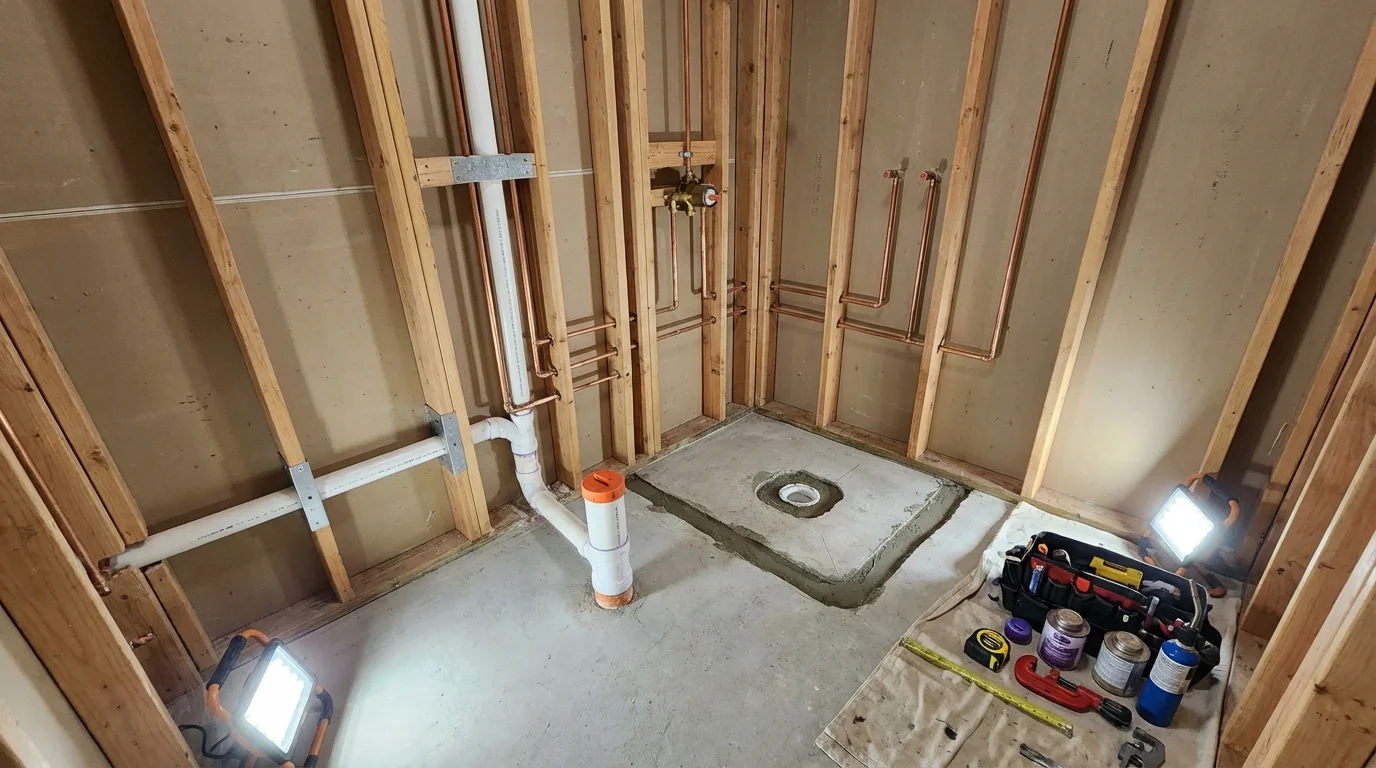 Bathroom rough-in plumbing during remodel by Johns Plumbing LLC in Saint Joseph