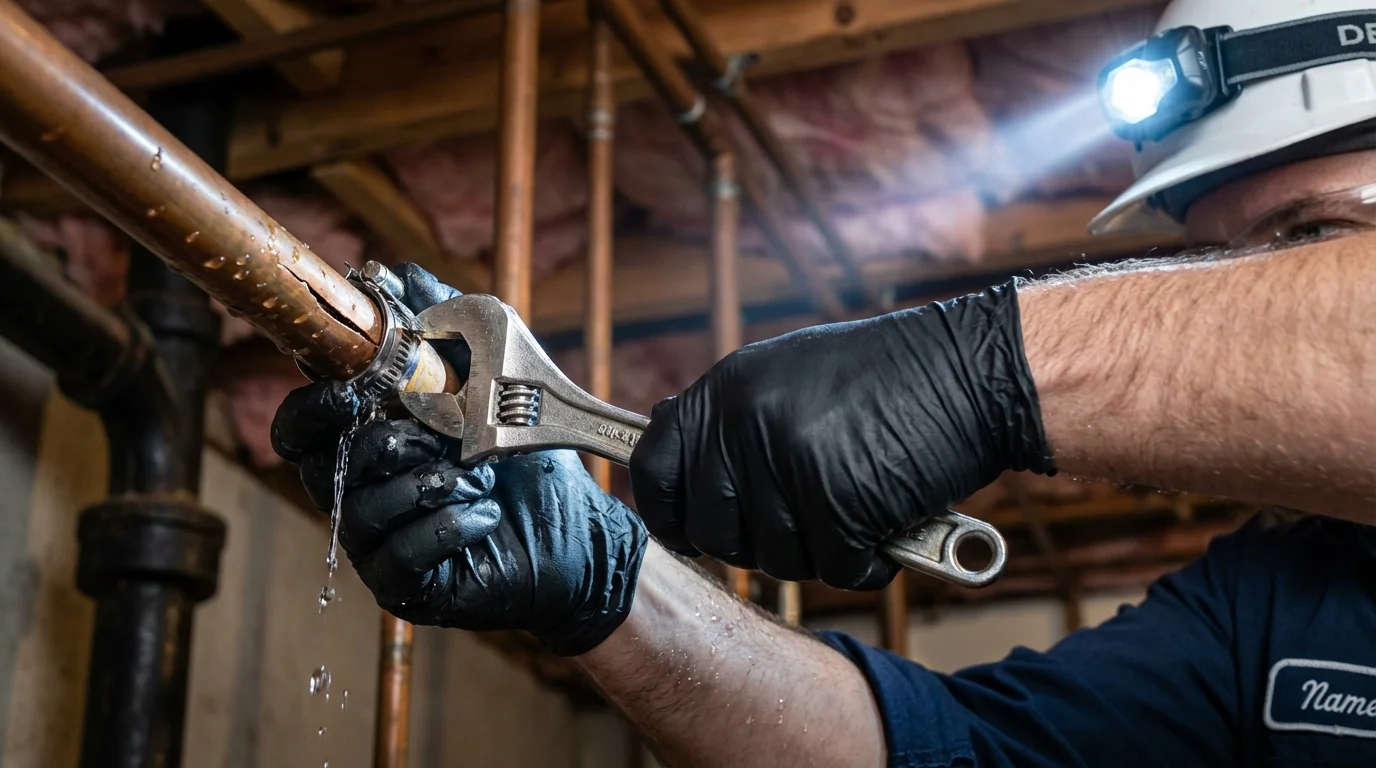 Emergency pipe clamp repair being performed by a Johns Plumbing LLC plumber in Saint Joseph