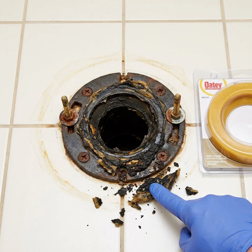 Failed wax ring showing water seepage at the base of a toilet in a Saint Joseph, LA home