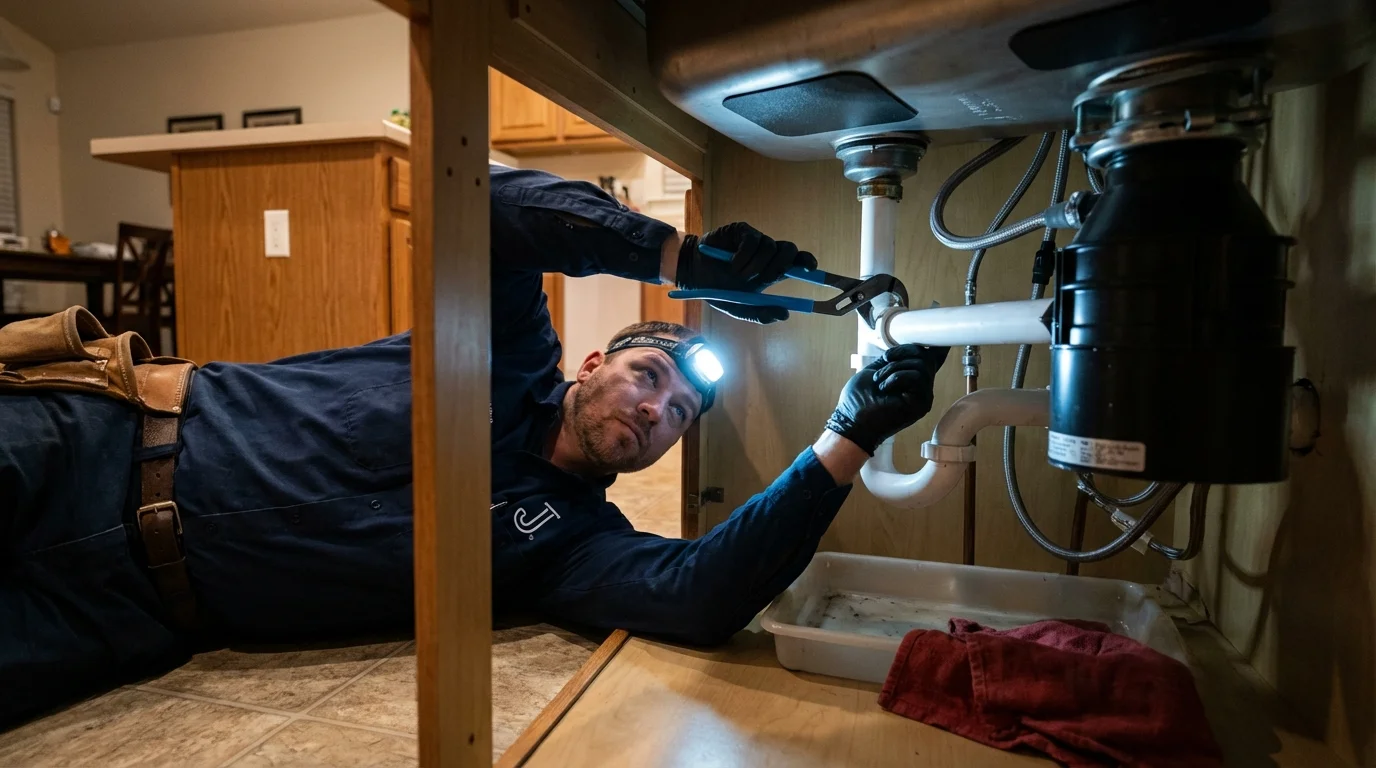 P-trap and supply line connections under a kitchen sink showing a common leak point in Saint Joseph, LA
